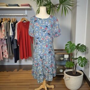 LOFT Blue Floral Fit & Flare Dress • Puff Sleeve Tiered A-Line Dress